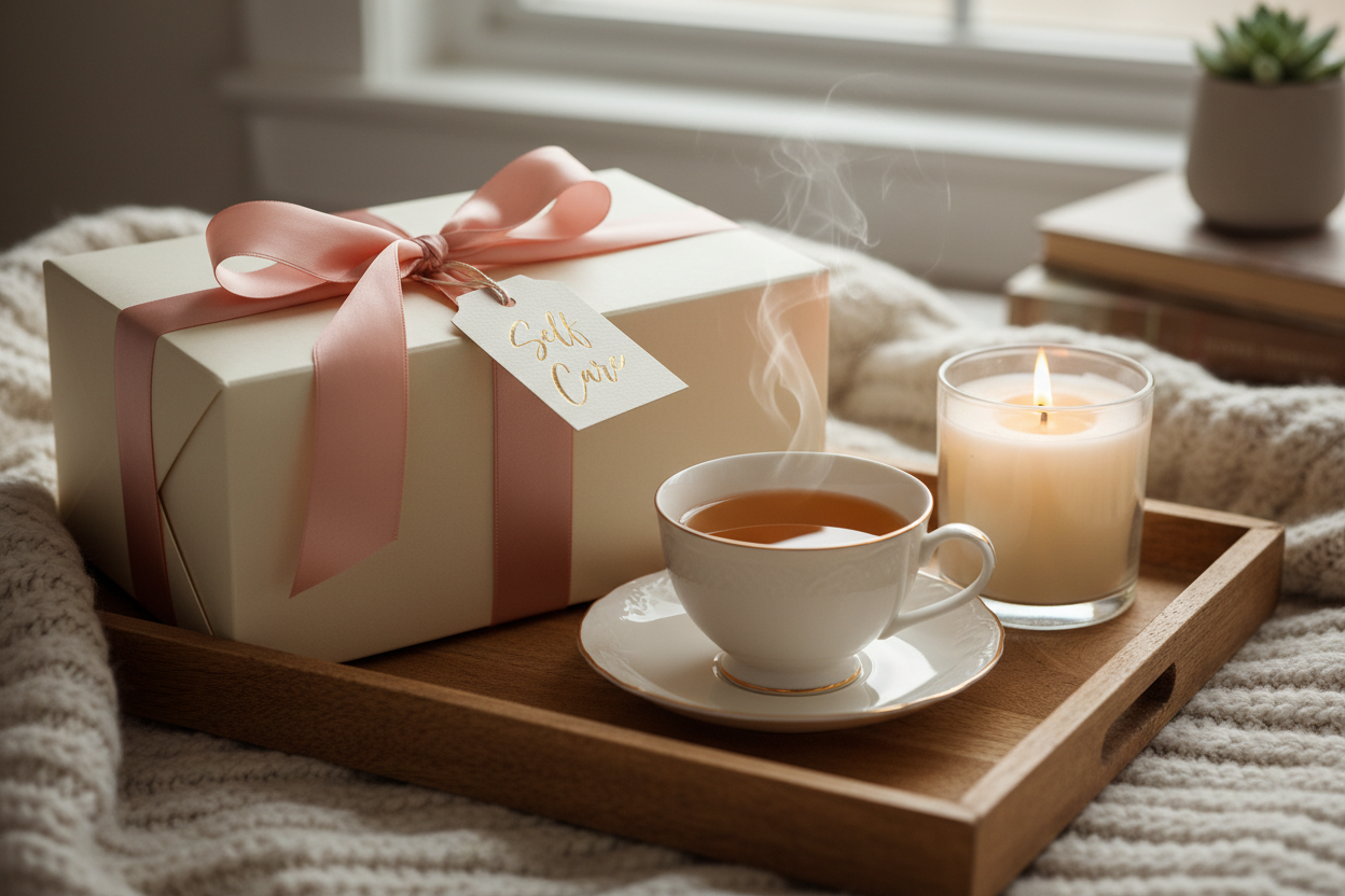 gift box with ribbon and self care tag, candlelight, teacup, real picture